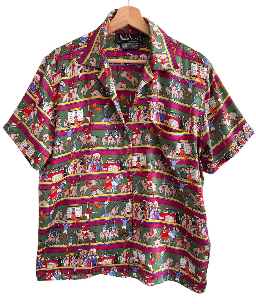 Nicole Miller Vintage 90s 100% Silk Horse Racing Equestrian Print Button up M